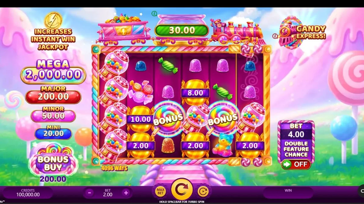 Candy Express Gold Blitz slot game interface na may makukulay na kendi at tren.
