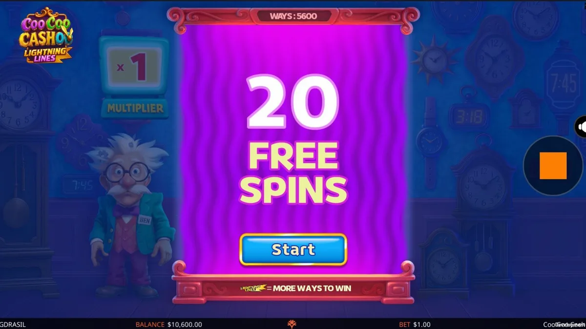 Coo Coo Cashoo slot game screen na nagpapakita ng mga orasan at ang natutulog na imbentor.