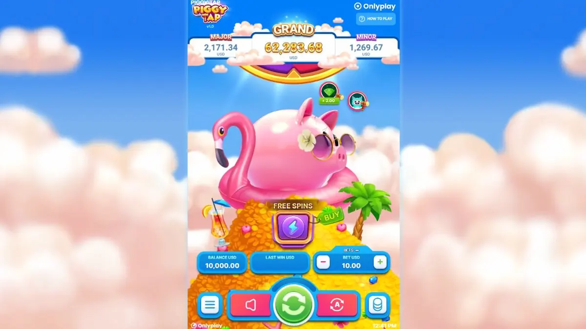 Isang masayang baboy na naka-sunglasses sa isang flamingo floaty, simbolo ng Piggy Tap slot.