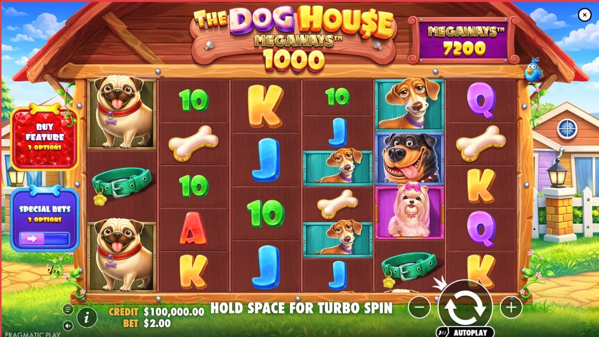 Ang The Dog House Megaways 1000 slot machine na nagpapakita ng mga cute na aso sa isang setting sa bukid.